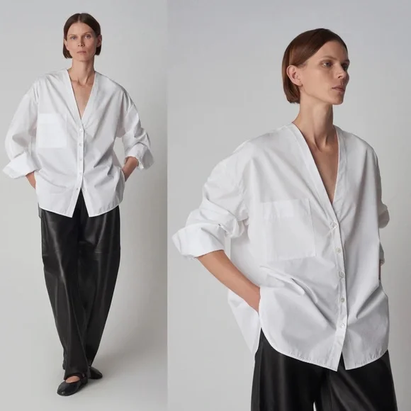 CO Collections V-Neck Blouse in Cotton Blend Poplin Black S Luxury Minimalist